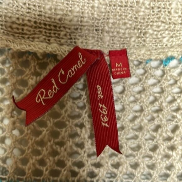 Red Camel Sz M Beige Orange Blue Stripe Southwestern Lightweight Fringe Cardigan - Picture 5 of 8